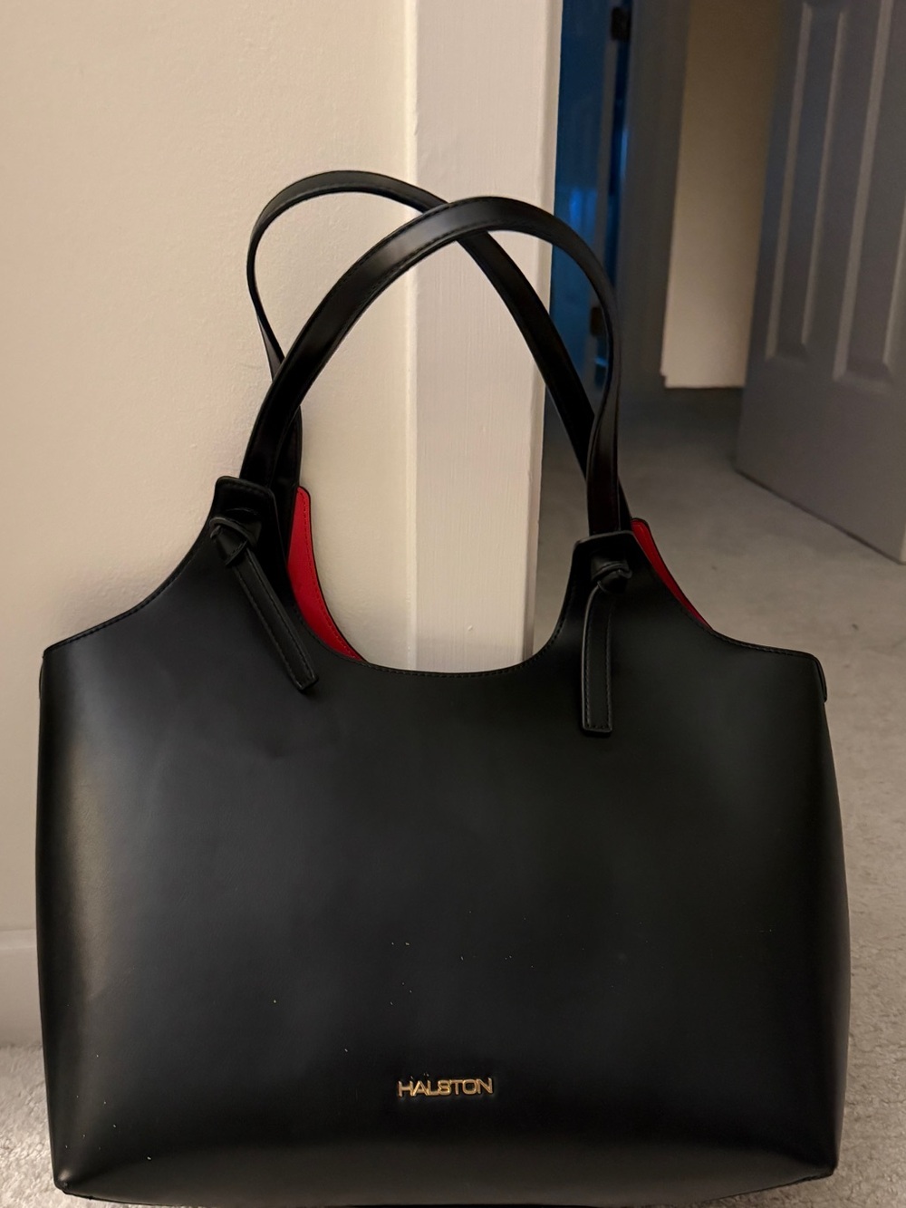 Halston Heritage Black Leather Tote with Red Interior Trim, NWT